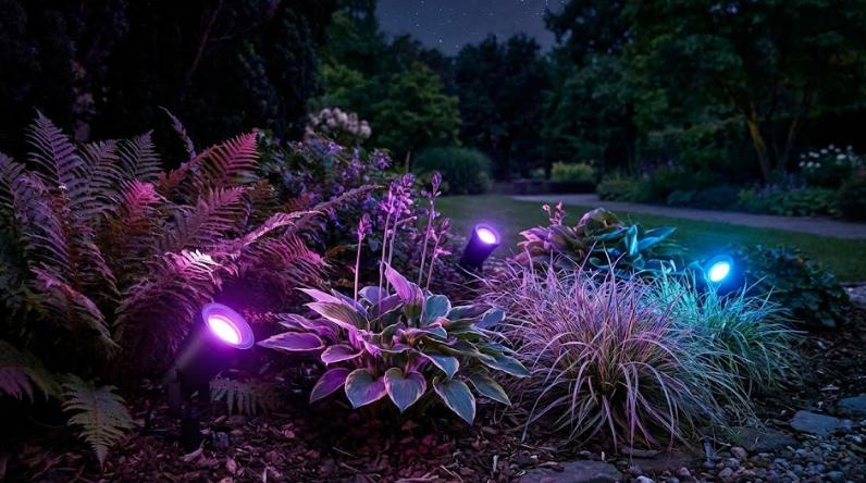 Iluminación Philips Hue Outdoor Focos Philips Hue Lily iluminando plantas en un jardín nocturno con colores morados y azules