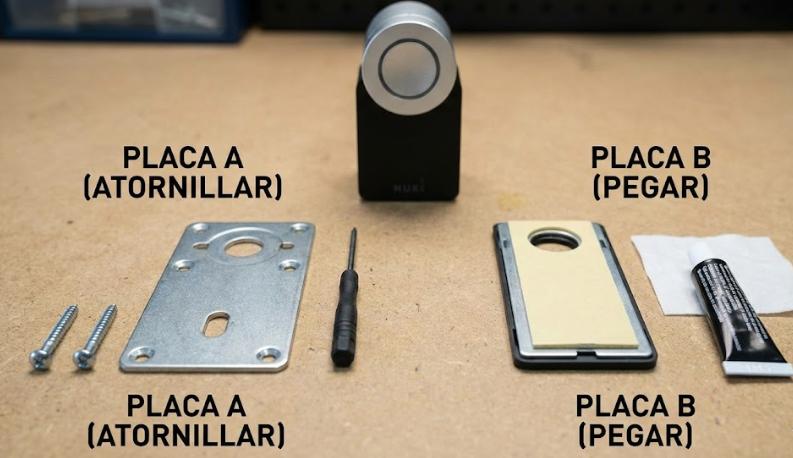 Despiece comparativo de instalación Nuki: Placa A atornillada frente a Placa B adhesiva