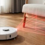Robot aspirador inteligente blanco usando navegación láser LiDAR para escanear y detectar una silla en un suelo de madera.