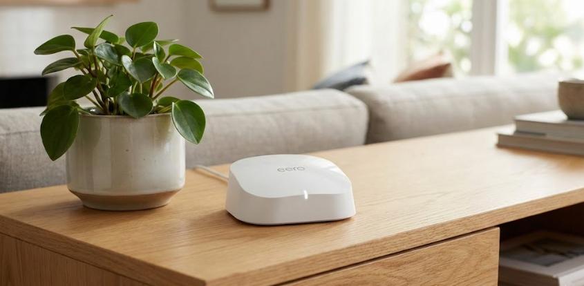 Router WiFi Mesh Amazon Eero de diseño minimalista blanco sobre mueble de madera con planta decorativa