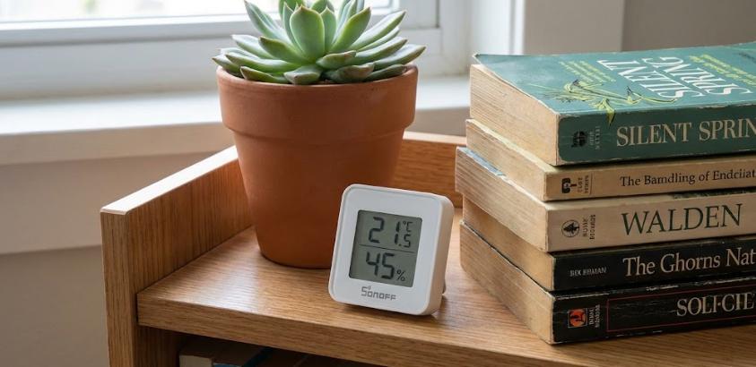 Pequeño sensor de temperatura y humedad inteligente blanco (tipo Sonoff o Aqara) colocado discretamente en una estantería de madera junto a libros y una planta.