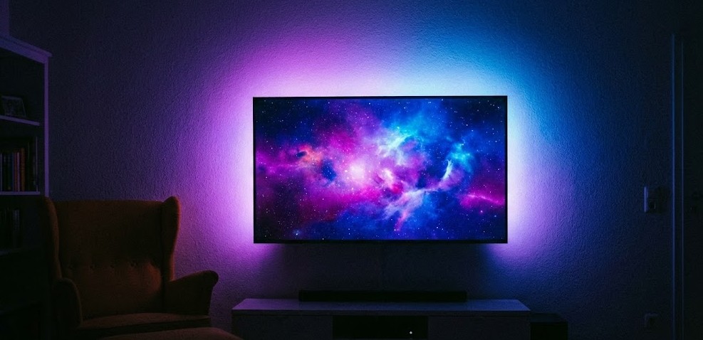 Televisor en habitación oscura con sistema de retroiluminación LED (bias lighting) proyectando luz ambiental azul y violeta sobre la pared trasera.