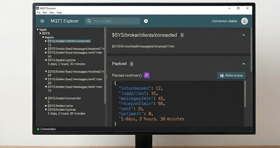 Captura de pantalla de MQTT Explorer con la rama de sistema $SYS desplegada, mostrando estadísticas en tiempo real como clientes conectados, uptime y carga del broker.