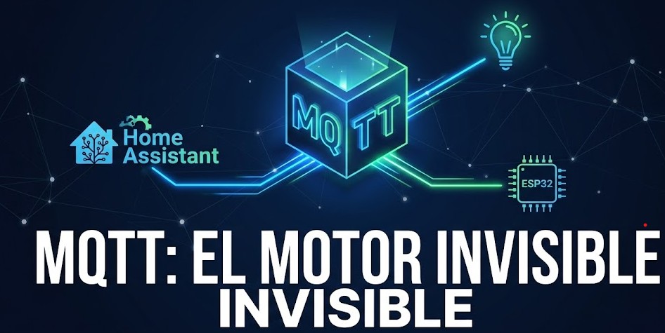 lustración conceptual de una red MQTT sobre fondo azul oscuro tecnológico. Un núcleo central conecta mediante líneas de luz con iconos de Home Assistant, una bombilla inteligente y un chip ESP32. Texto superpuesto: "MQTT: EL MOTOR INVISIBLE".