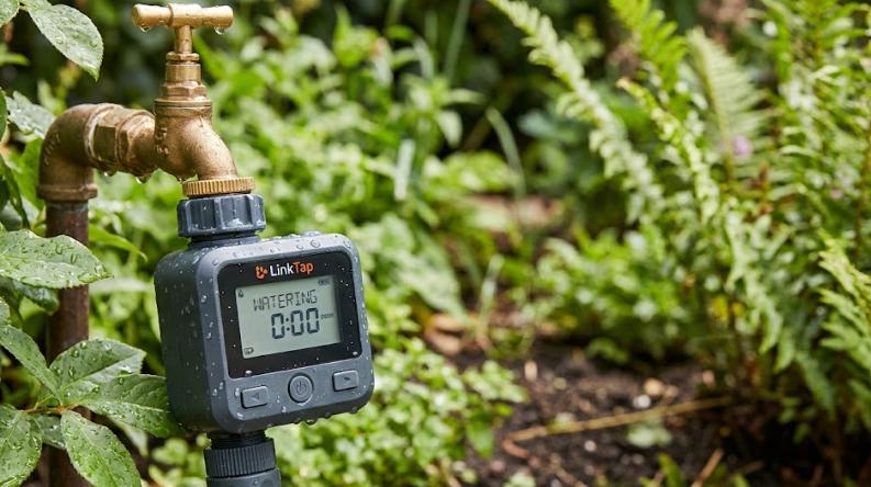 Primer plano de un programador de riego inteligente WiFi conectado a un grifo de jardín, con gotas de agua visibles y fondo de plantas verdes.