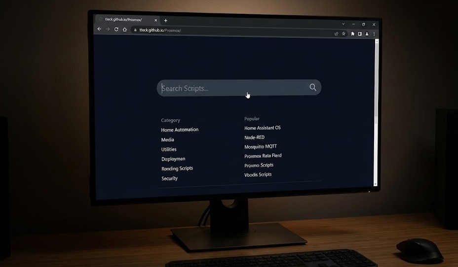 Interfaz web del repositorio Proxmox Helper Scripts (tteck) mostrando el buscador de comandos para instalar Home Assistant y Node-RED.