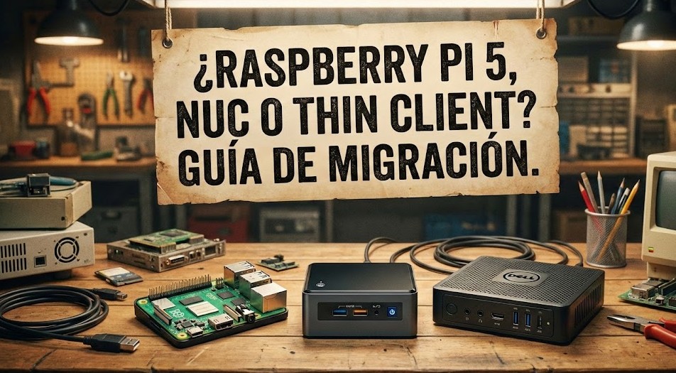 Mesa de trabajo con tres opciones de hardware para servidor casero: una Raspberry Pi 5, un Intel NUC y un Thin Client, listos para una comparativa de migración.