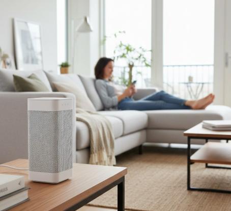 Altavoz inteligente Sonos blanco en la estantería de un salón moderno con una persona relajada en el sofá usando su teléfono móvil