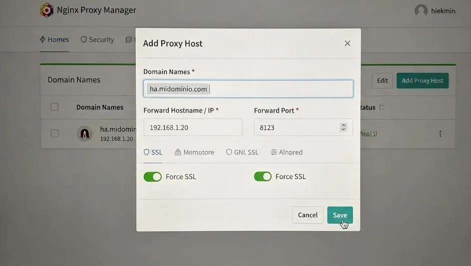 Captura de pantalla del panel "Add Proxy Host" en Nginx Proxy Manager. Se muestran los campos para introducir el nombre de dominio, la dirección IP interna del servicio (Forward Hostname/IP), el puerto y el interruptor activado de "Force SSL" para seguridad HTTPS.