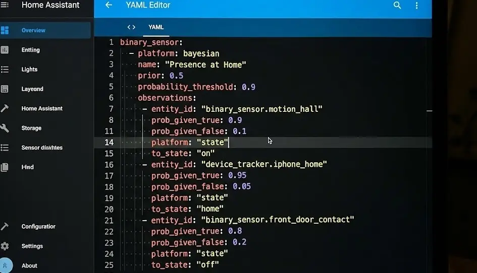 Captura de pantalla de código YAML en Home Assistant para sensor bayesiano
