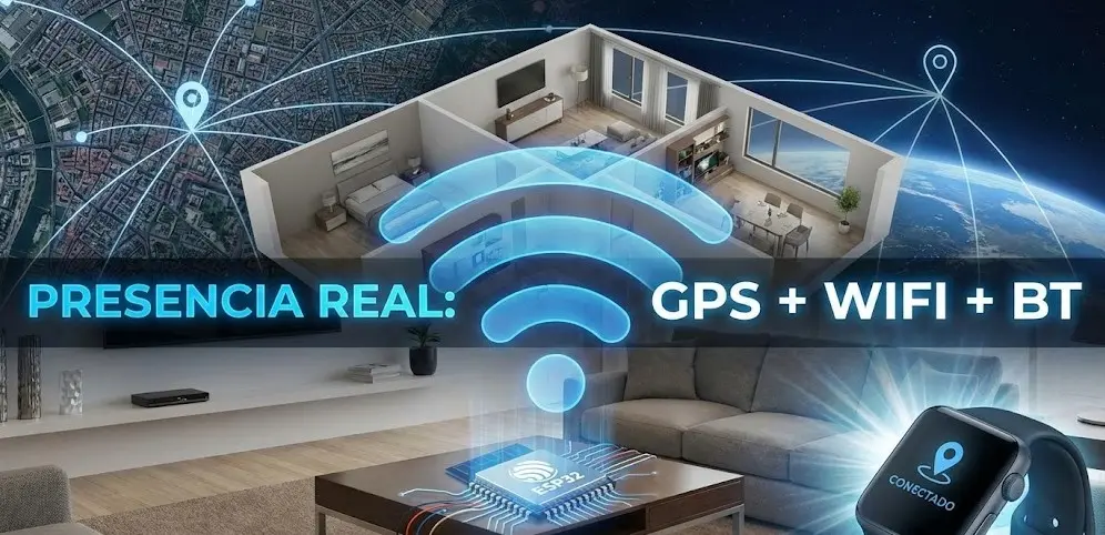 Infografía de domótica sobre un plano de casa moderna. Muestra tres capas de tecnología: fondo de mapa satelital para GPS, icono de ondas WiFi sobre la vivienda, y un primer plano de un chip ESP32 comunicándose con un smartwatch en el salón mediante Bluetooth.