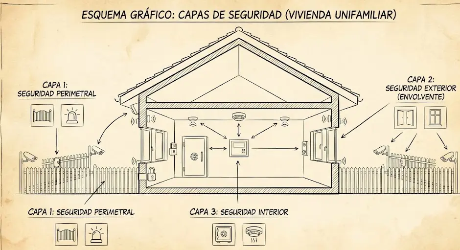 Esquema gráfico de capas de seguridad: perimetral, exterior e interior en una vivienda unifamiliar