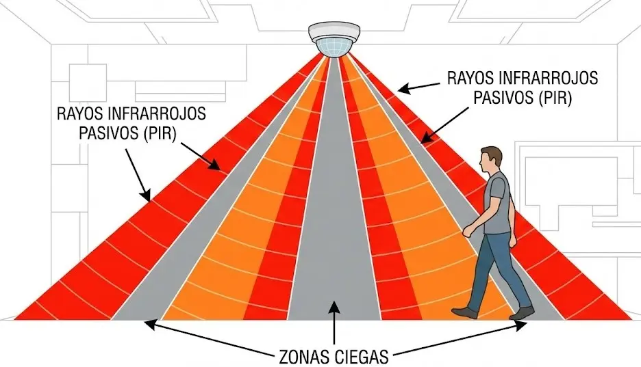 Gráfico mostrando los rayos infrarrojos pasivos y las zonas ciegas de un sensor PIR