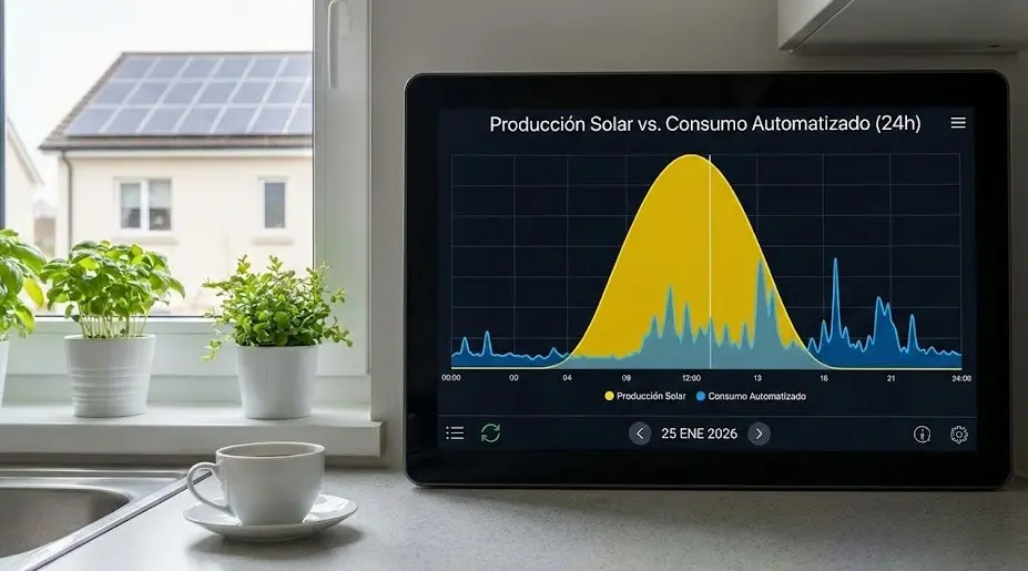 Gráfico mostrando la curva de producción solar frente al consumo automatizado en el hogar