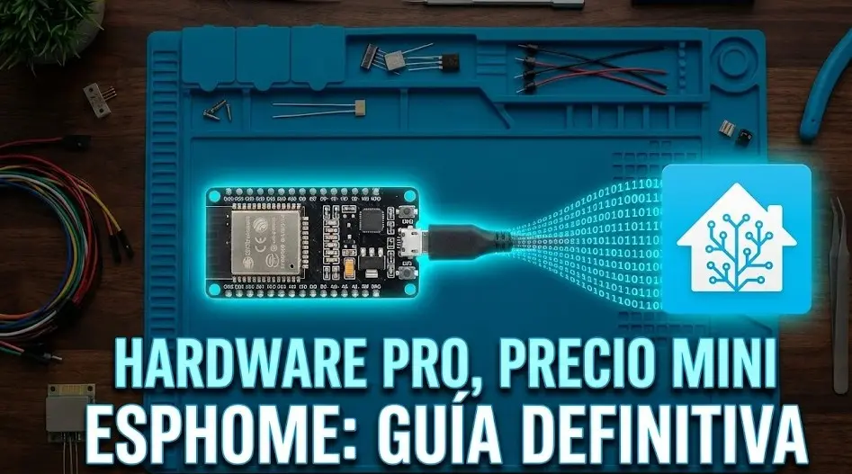 Placa ESP32 sobre tapete antiestático conectándose digitalmente al logo de Home Assistant, portada para la guía completa de ESPHome y sensores baratos.