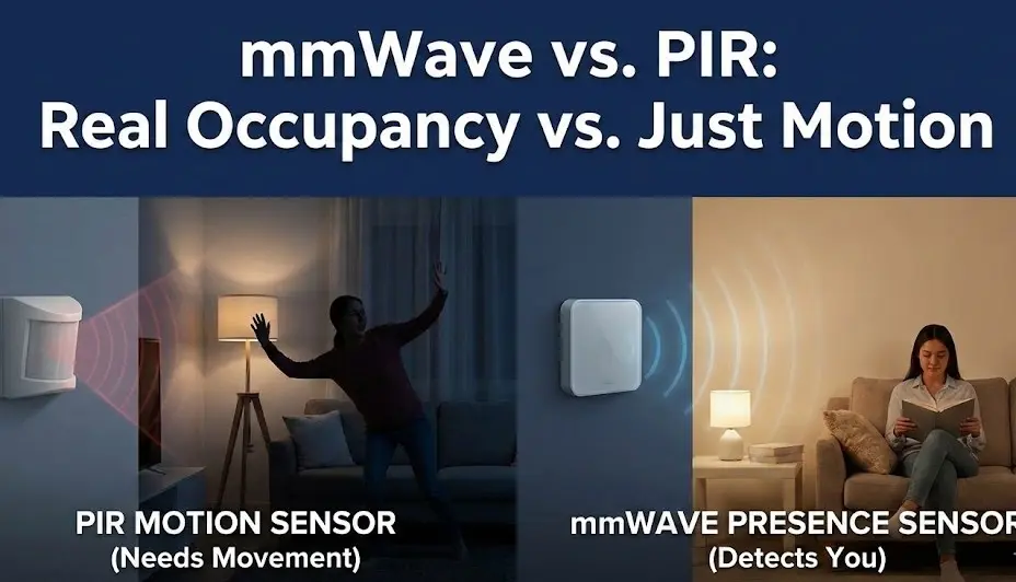 Comparativa visual entre sensor PIR que requiere movimiento y sensor mmWave que detecta presencia estática de una persona leyendo