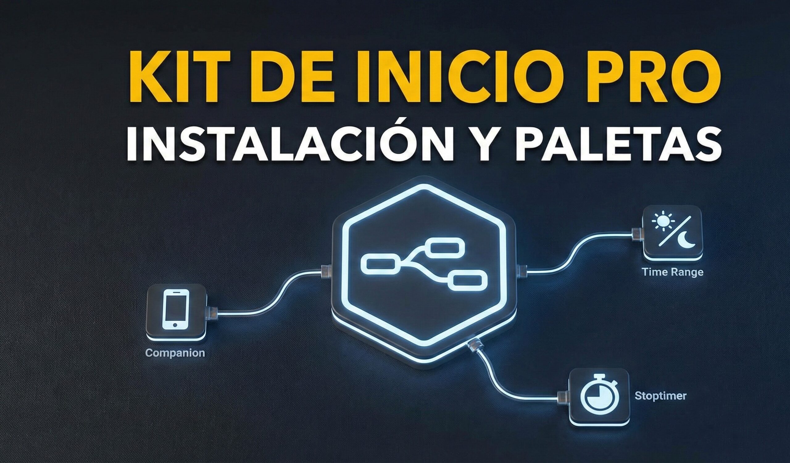 Crucial para la accesibilidad y el SEO. Logotipo de Node-RED en el centro conectado a tres iconos que representan las paletas Companion, Time Range y Stoptimer, sobre fondo oscuro con el texto Kit de Inicio Pro Instalación y Paletas.