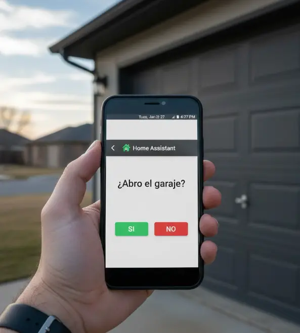 Mano sujetando smartphone recibiendo una notificación accionable de Home Assistant para controlar el garaje