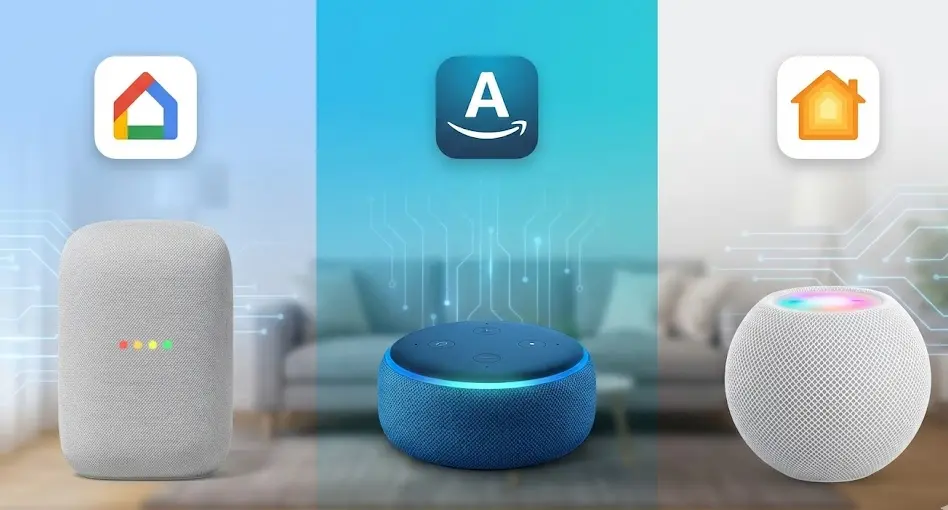 Comparativa visual de los ecosistemas domóticos Google Home, Amazon Alexa y Apple HomeKit, mostrando sus altavoces inteligentes y logotipos, con la pregunta '¿Cuál elegir en 2026?' en el centro