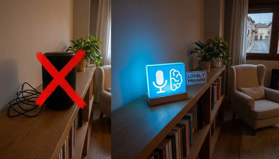Comparativa visual entre un altavoz inteligente de marca tachado y el logotipo de Assist de Home Assistant brillando en un entorno local y privado