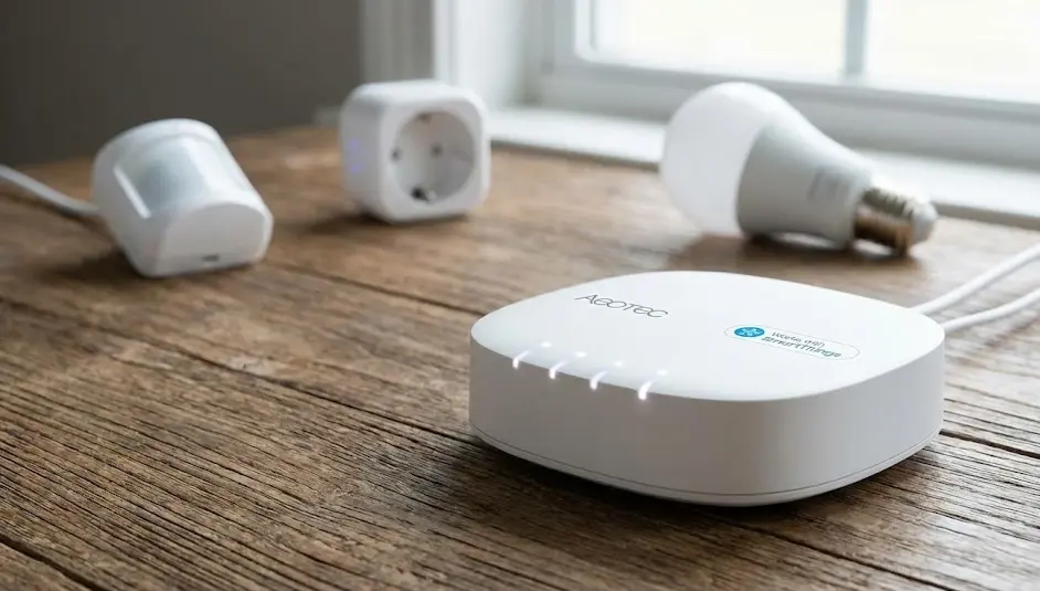 Primer plano del Aeotec Smart Home Hub blanco sobre una mesa de madera, actuando como el cerebro del ecosistema Samsung SmartThings
