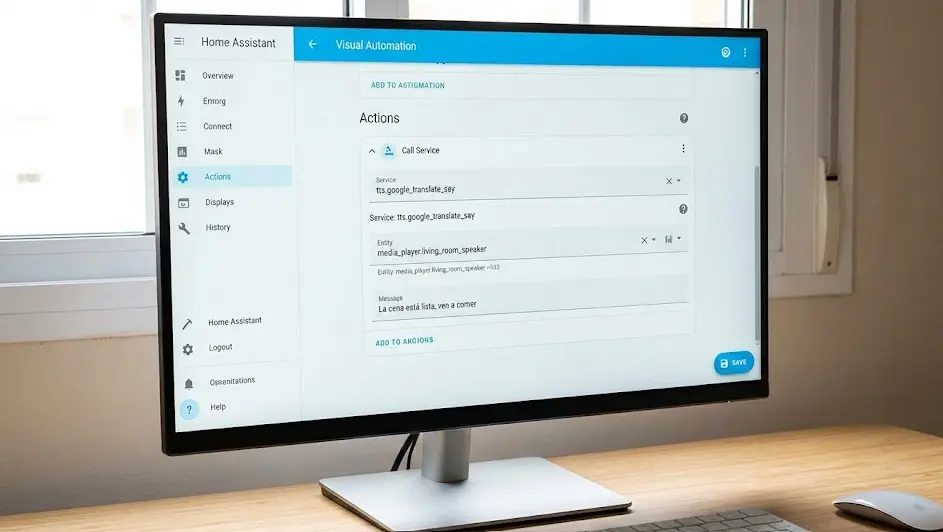 Editor visual de automatizaciones en Home Assistant configurando una acción de texto a voz
