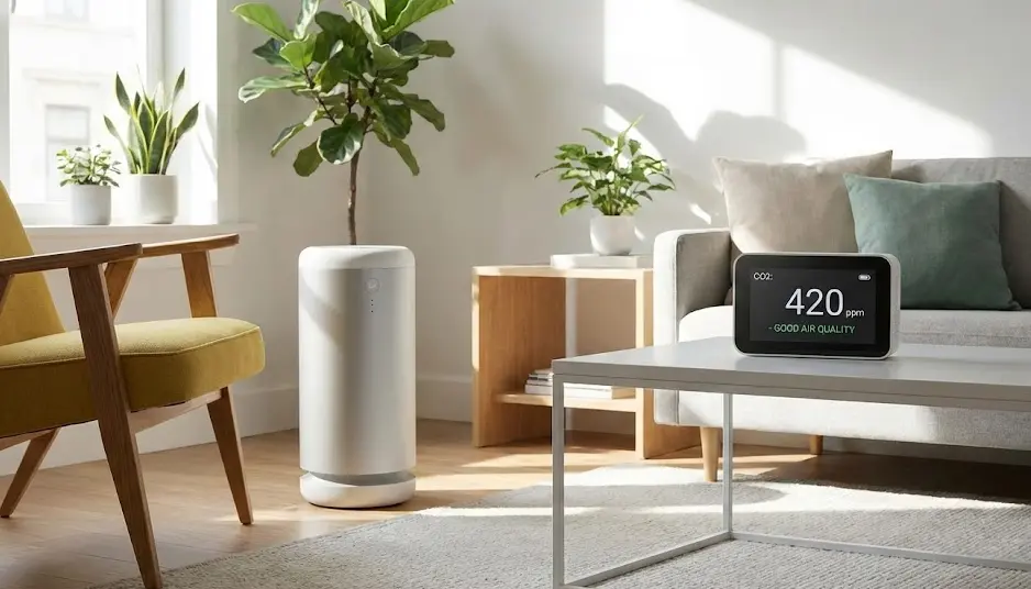 Salón moderno con un purificador de aire inteligente y un sensor de CO2 sobre la mesa mostrando niveles de calidad del aire