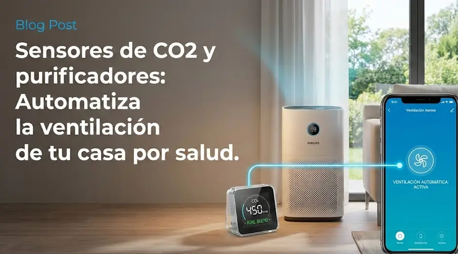 Purificador de aire y sensor de CO2 inteligente conectados por móvil para automatizar la ventilación y mejorar la salud en casa.