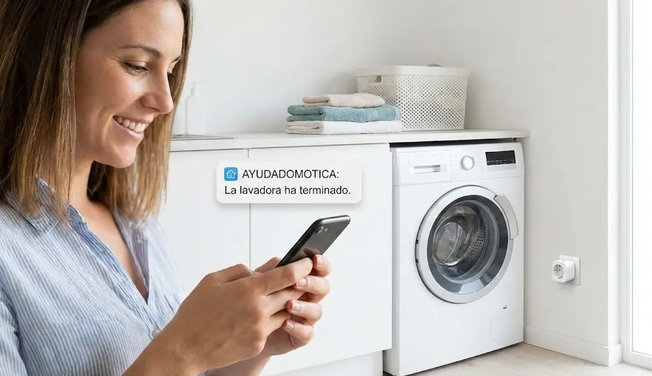 Mujer sonriendo mientras mira una notificación en su teléfono móvil que le avisa de que la lavadora ha terminado, junto a una lavadora blanca conectada a un enchufe inteligente en una cocina moderna.