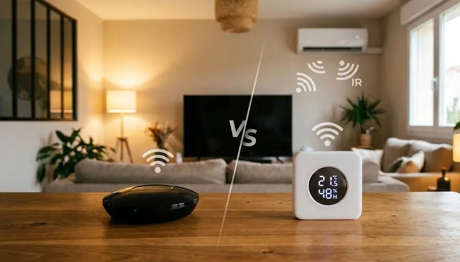 Comparativa visual en un salón entre el Broadlink RM4 y el SwitchBot Hub 2 controlando un televisor y un aire acondicionado antiguo por infrarrojos y WiFi