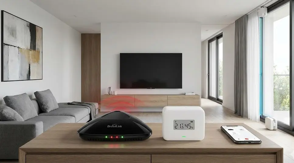 Comparativa visual entre el Broadlink RM4 Pro y el SwitchBot Hub 2 en un salón moderno