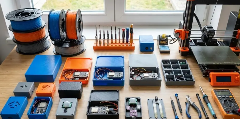 Colección de cajas impresas en 3D para ESP32 y sensores sobre una mesa de trabajo organizada
