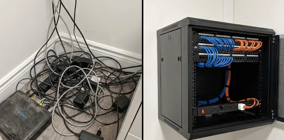 Comparativa entre cables desordenados y un rack doméstico organizado