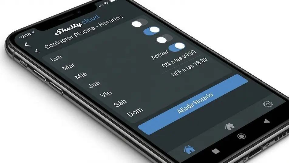 Captura de pantalla de la app Shelly Cloud configurando horarios para un contactor