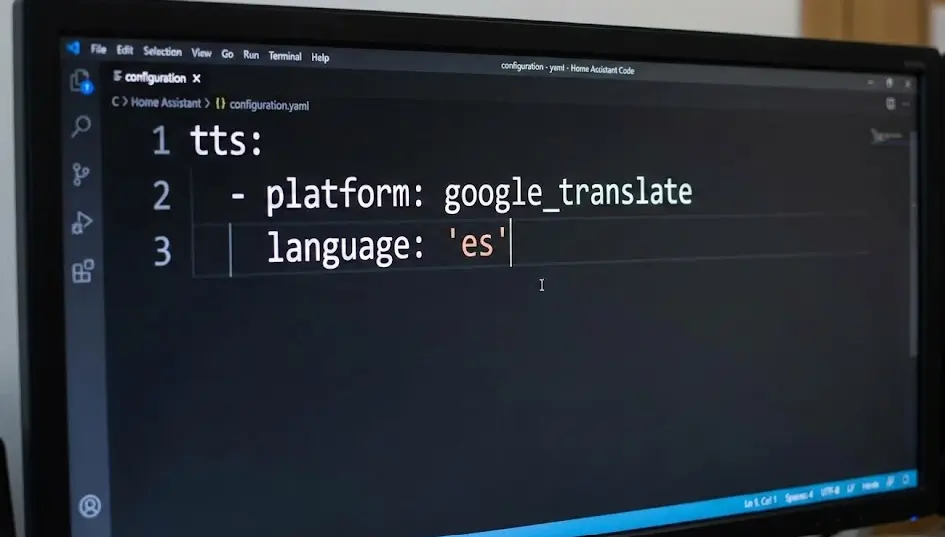 Captura de pantalla del código YAML para configurar TTS en Home Assistant