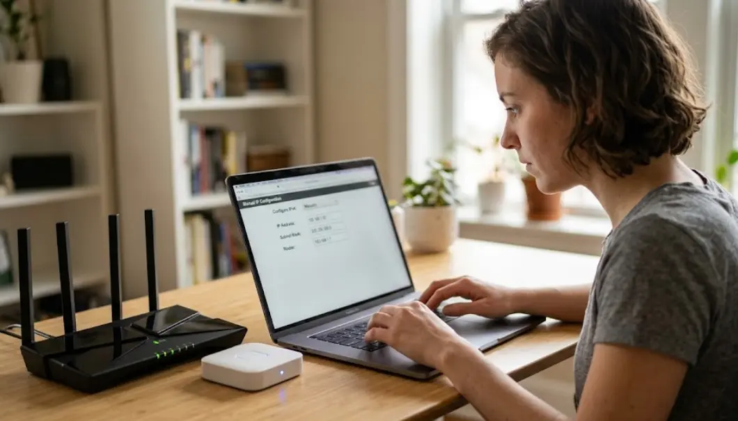 Persona configurando una dirección IP estática en la pantalla de un ordenador portátil con un router moderno y un concentrador domótico al lado