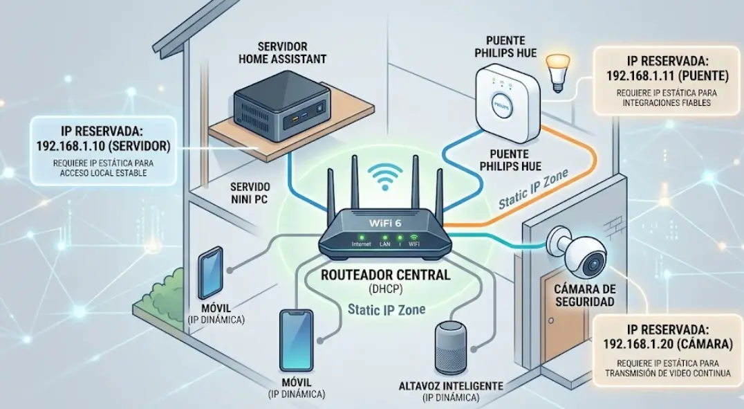 Varios dispositivos domóticos críticos como un servidor Home Assistant, un puente Philips Hue y una cámara de seguridad que requieren configuración de IP estática