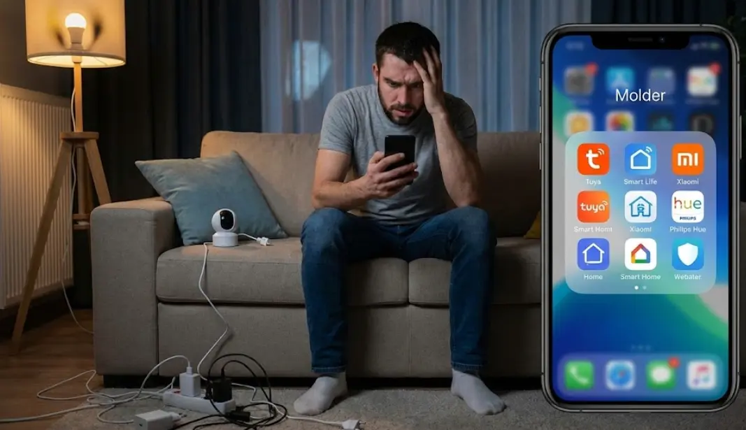 Hombre frustrado en el sofá mirando su móvil, junto a una pantalla con decenas de aplicaciones de domótica diferentes y un enredo de cables en el suelo