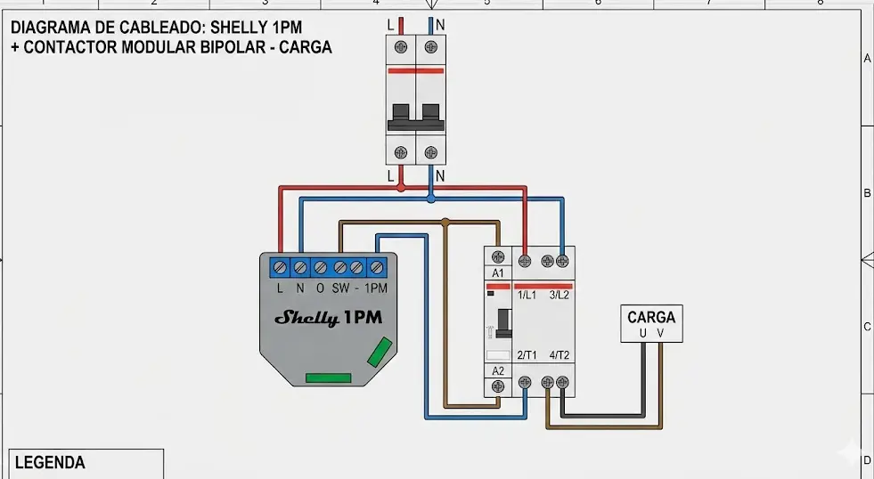 Diagrama de cableado para conectar un Shelly 1PM a un contactor modular de dos polos