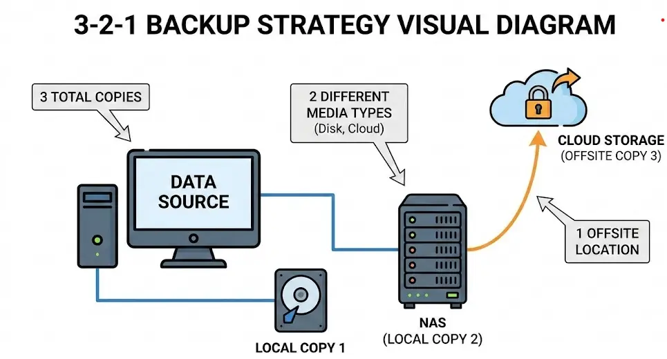 Diagrama visual de la estrategia de backup 3-2-1 conectando ordenador NAS y nube