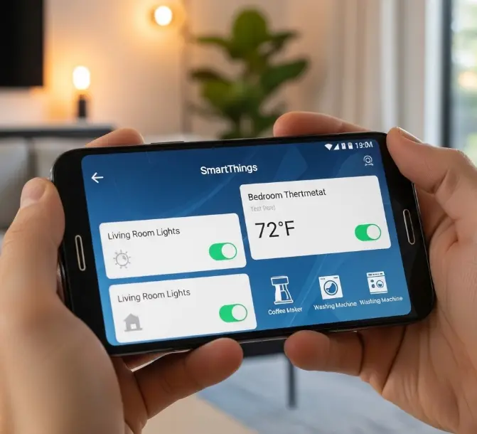 Persona sosteniendo un smartphone con la aplicación Samsung SmartThings abierta, controlando luces, termostatos y electrodomésticos de una casa inteligente moderna