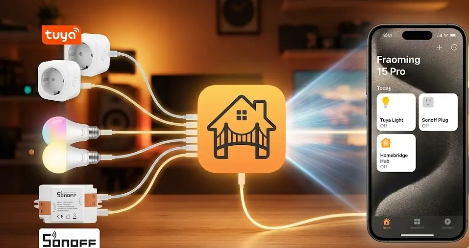 Composición visual que muestra el logotipo de Homebridge actuando como puente entre dispositivos económicos de Tuya o Sonoff y un iPhone con la aplicación Casa de Apple HomeKit abierta