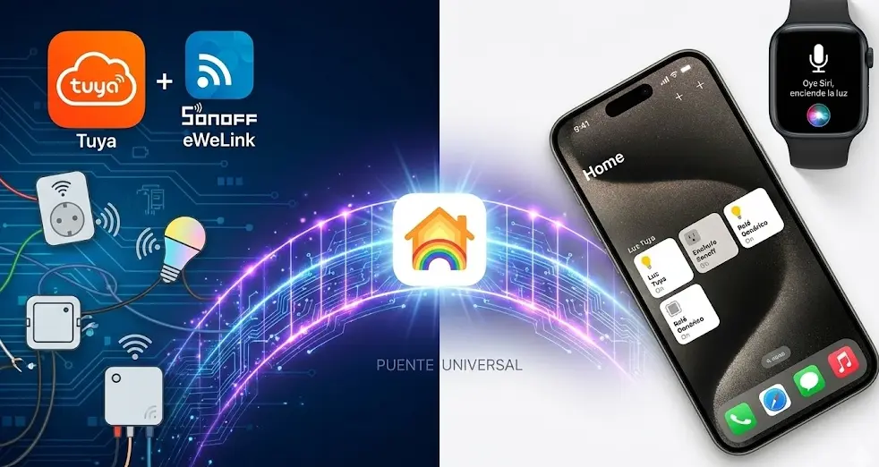 Composición visual que muestra el logotipo de Homebridge actuando como puente digital entre dispositivos económicos de Tuya o Sonoff (izquierda) y un iPhone con la aplicación Casa de Apple HomeKit abierta (derecha) controlados por Siri