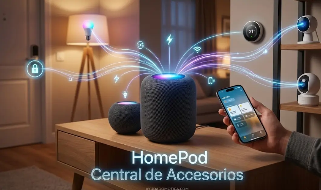 Altavoz inteligente Apple HomePod funcionando como central de accesorios, conectando luces, cerraduras, termostatos y cámaras de seguridad mediante red inalámbrica para control remoto con el iPhone.