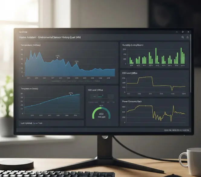 Panel de Grafana mostrando datos históricos de sensores en Home Assistant