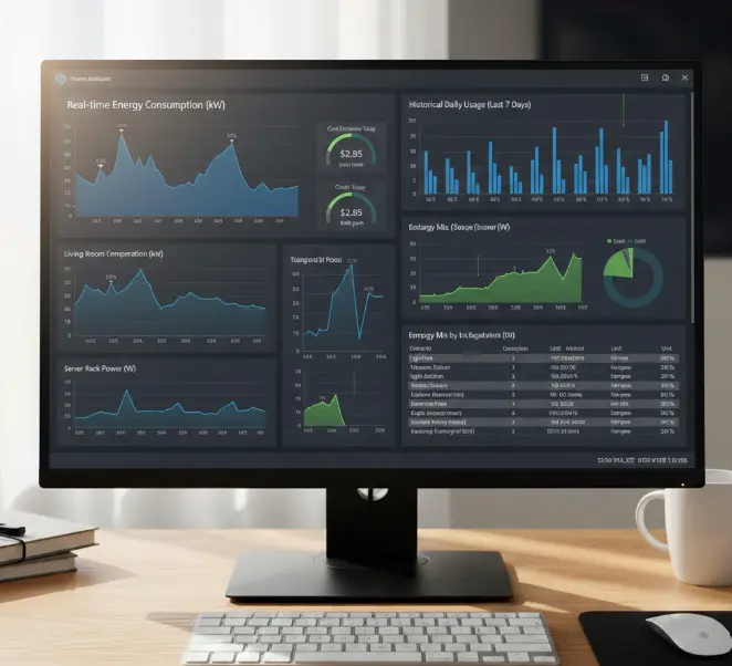 Panel de control avanzado de Grafana mostrando gráficas de consumo energético y sensores de Home Assistant vinculados a InfluxDB.