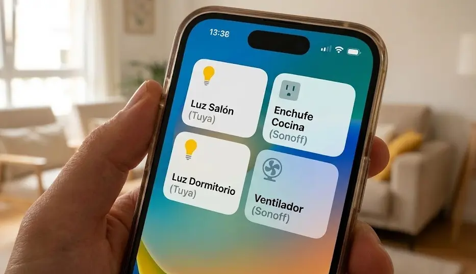Persona sosteniendo un iPhone con la aplicación Casa de Apple mostrando tarjetas de luces y enchufes que originalmente son de Tuya y Sonoff pero ahora están integrados