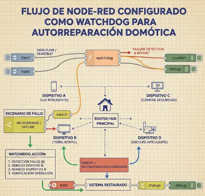 Flujo de Node-RED configurado como Watchdog para autoreparación domótica.