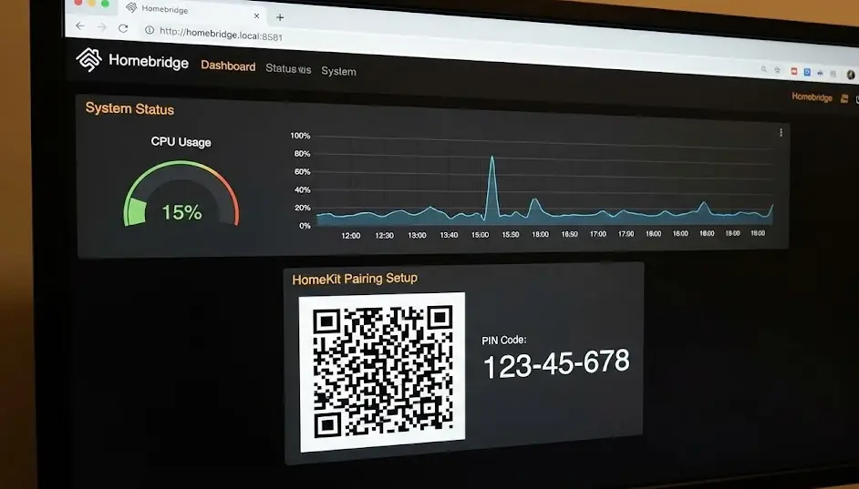 Captura de pantalla del panel de control web de Homebridge mostrando el uso de CPU y el código QR de emparejamiento con Apple HomeKit