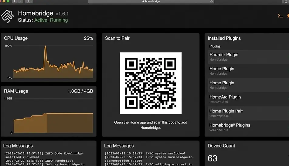 Captura de pantalla de la interfaz de usuario web de Homebridge mostrando el estado del servidor, uso de CPU y RAM, y el código QR central